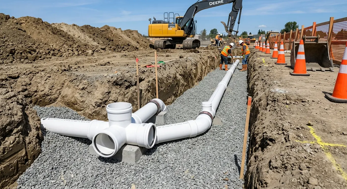 New PVC sewer pipe installation in open trench for Commercial Drain Cleaning in Woodstock
