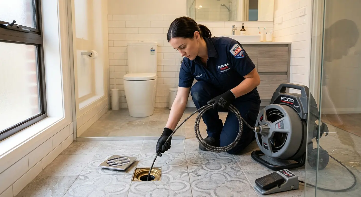 Technician clearing a bathroom floor drain for Clogged Drain Repair in Woodstock